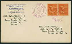 米国 0.5c ペア貼 二重丸印(紫) 1942-06-30 CP. Santa Anita BR ...