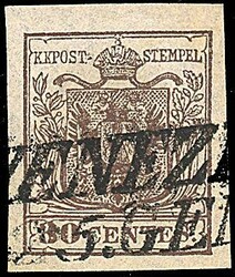 1850 - 30 c. bruno scuro, con frammenti di filigrana (7d) SPL e ben ...