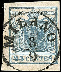 1850 - 45 c. azzurro, II tipo (11) SPL e ben marginato (120,00) / ...