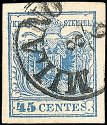 1850 - 45 c. azzurro, III tipo (12) SPL e ben marginato (100,00) / ...