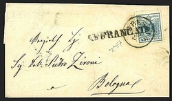 1855 - 45 c. azzurro, III tipo (12) SPL isolato su lettera da Brescia ...