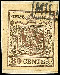 1851 - 30 c. bruno, I tipo carta a coste verticali (16) SPL su ...