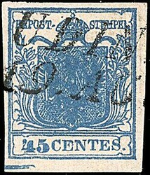 1851 - 45 c. azzurro scuro, con impronta di spazio tipografico in ...
