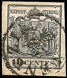 1857 - 10 c. nero, carta a macchina (19) SPL (1.000,00) / [Usato]