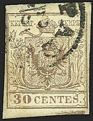 1854 - 30 c. bruno, con spazio tipografico (21e) BB e non comune (2 ...