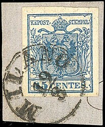 1856 - 45 c. azzurro, carta a macchina (22) SPL e ben marginato su ...