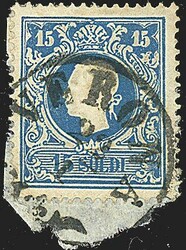 1858 - 15 s. azzurro, I tipo (27) SPL su frammentino (475,00) / ...