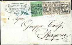 1852 - 5 c. verde (1) due val. di cui uno al verso strappato per ...