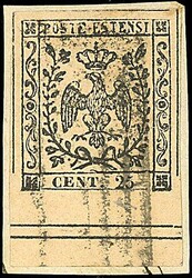 1852 - 25 c. camoscio chiaro (4) SPL e con grande b.f. su piccolo ...