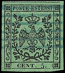 1852 - 5 c. verde (7) SPL con annullo azzurro - Sigla Ray / [Usato]