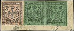 1859 - 5 c. verde (B7) in coppia + 10 c. rosa (B9) su piccolo ...