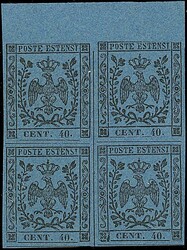 1852 - 40 c. azzurro scuro (10) in quartina SPL, con gomma integra e ...
