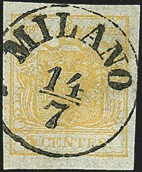 1850 - 5 c. giallo ocra (1) SPL e con carta sottilissima (250,00) / ...