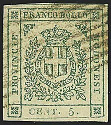 1859 - 5 c. verde (12) BB e con leggero annullo - Sigla AD (1.100,00) ...