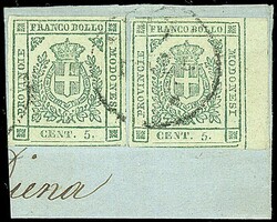 1859 - 5 c. verde (12) due val. SPL su frammento - Cert. ED + cert. ...