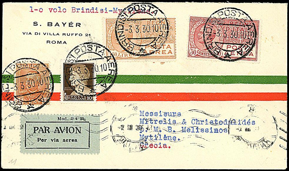 1930 - Volo Brindisi - Mitilene - Aerogramma da Brindisi (3/3/30) a ...
