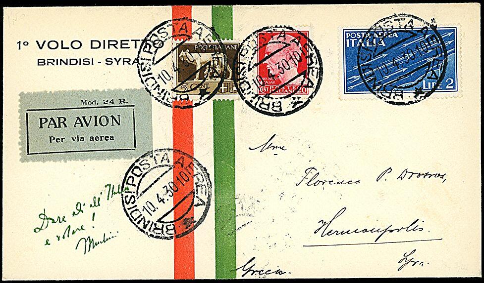 1930 - Volo Brindisi - Syra - Aerogramma da Brindisi (10/4/30) a Syra ...