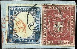 1861 - 20 c. celeste (15Da) + toscana 40 c. carminio scarlatto (21a) ...