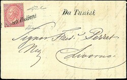 1863 - 40 c. rosso carminio (T20) SPL su lettera da Tunisi Coi ...