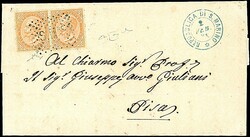 1870 - 10 c. giallo ocra, tir. di Torino (F4T) in coppia con annullo ...