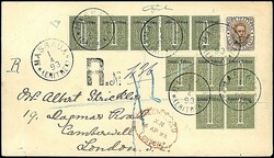 1893 - 1 c. verde oliva (1) in striscia di 5 + striscia di 3 + coppia ...