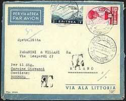 1940 - L. 5 rosa carminio (211) + posta aerea L. 2 azzurro nerastro ...
