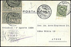 1926 - Brindisi - Atene - Cartolina speciale da Brindisi (1/8/26) ad ...