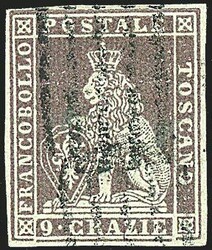 1851 - 9 cr. bruno violaceo su grigio (8) SPL e ben marginato (500 ...