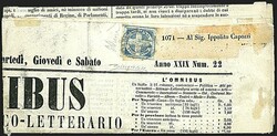 1860 - 1/2 t. azzurro Croce di Savoia (16) SPL su giornale L'Omnibus ...