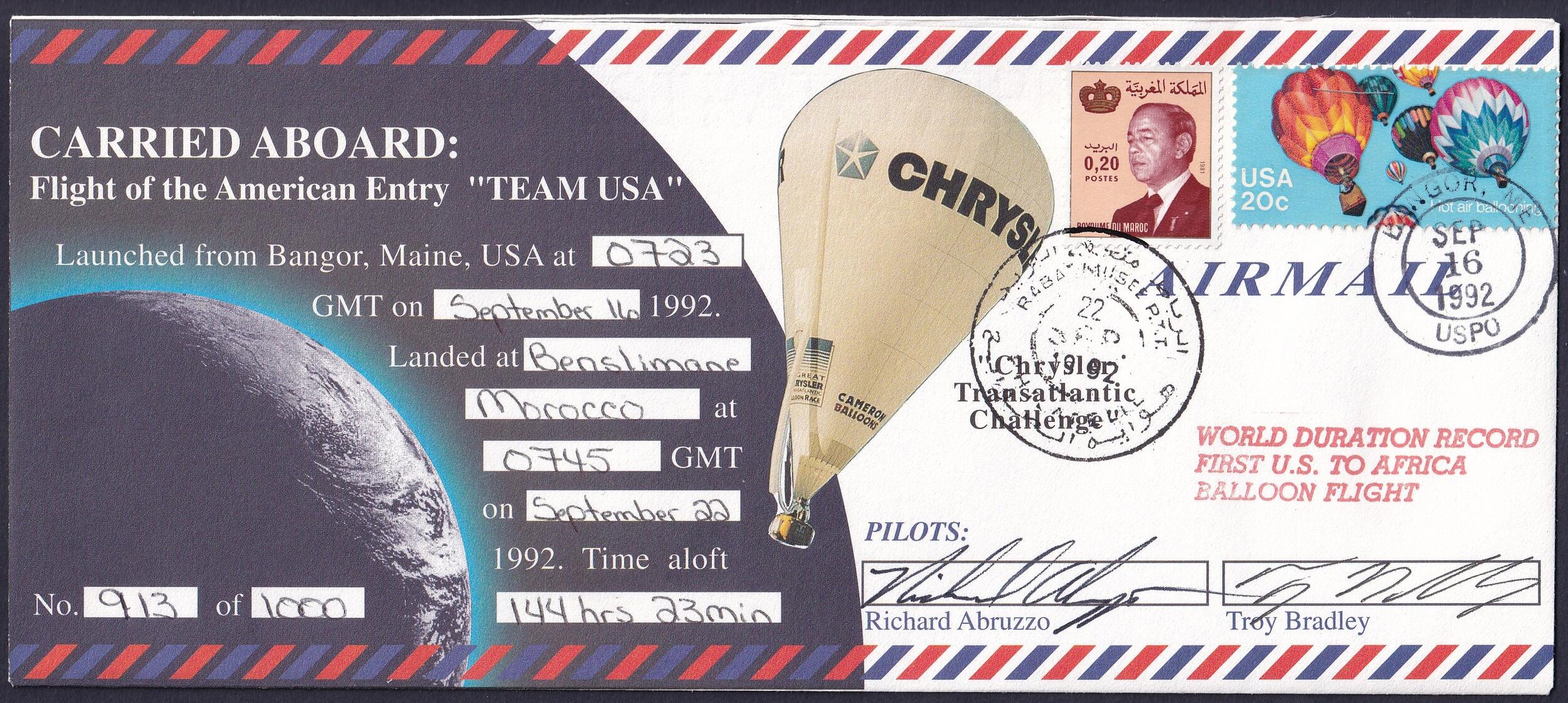 Stati Uniti 1992 Volo del Pallone CRYSLER dagli USA all'Africa con ...