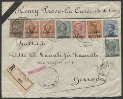 La Canea, bella lettera raccomandata affrancata per 65 C. annullati ...