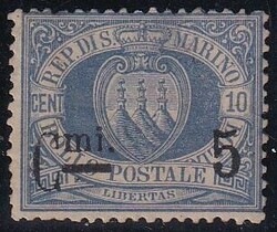 San Marino 1892 Stemma, 5 C. su 10 C. pos. 40 del foglio, ben ...