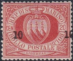 San Marino 1892 Stemma, 10 - 10 C. su 20 C. rosso, con la soprastampa ...