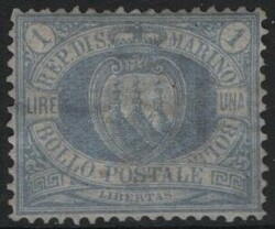 San Marino 1894 Stemma, 1 L. oltremare, ben centrata e ben dentellata ...