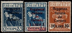 Fiume 1920 Ingresso dei Legionari a Fiume, 3 valori, 25 C. azzurro, 1 ...