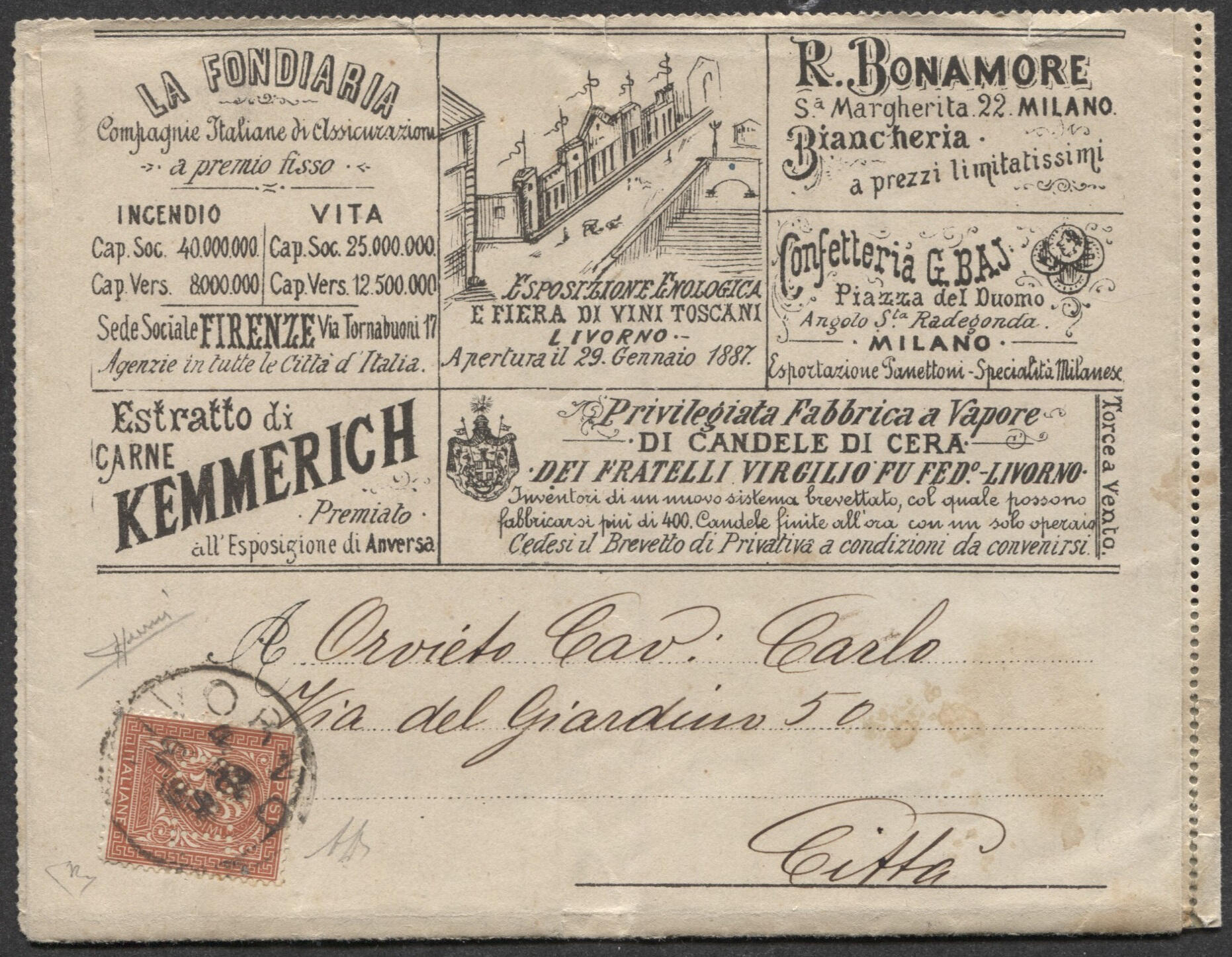Regno 1887 francalettere, 1 C. su 2 rosso mattone, usato su ...