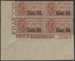 Regno 1922 espresso, 60 C. su 50 C. rosso, in quartina, angolo di ...