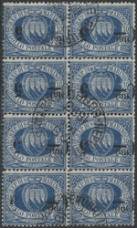 San Marino 1892 5 C. su 10 C. azzurro, blocco di otto con soprastampa ...