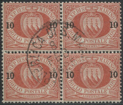 San Marino 1892 10 C. su 20 C. rosso, in quartina (cat. € 110,00)