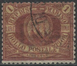 San Marino 1892/94 1 L. carminio su giallo (N° 20 - cat. € 1.400 ...