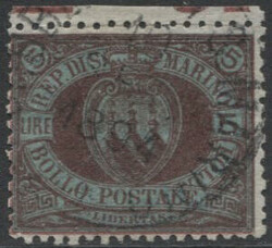 San Marino 1892/94 5 L. carminio su verde (N° 22 - cat. € 650,00)