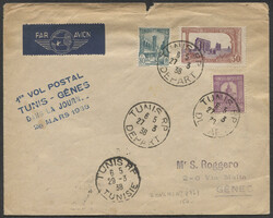 Busta primo volo postale Tunis - Genes, 29 Marzo 1938, affrancata per ...