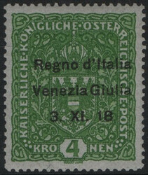 Venezia Giulia 1918 4 K verde scuro, varietà senza punto dopo il 18, ...