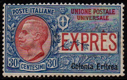 Eritrea 1907/21 espresso, 30 C. azzurro e rosso, firma Sorani (N° E ...