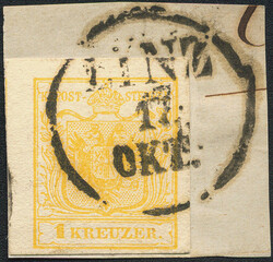 Österreich, 1850, ANK-Nr. 1 M Ib, 1 Kreuzer, 'goldgelb', kompletter ...