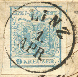Österreich, 1850, ANK-Nr. 5 H I, 9 Kreuzer, 'blau', Magistirs P 160, ...