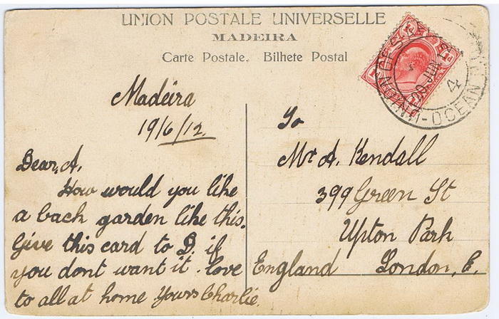 1912 picture post card (of Madeira) to London with a Transvaal 1d ...