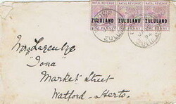 1894 envelope to England bearing a strip of three 1d fiscal stamp of ...