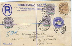 1900 G. B. 2d registered envelope to London additionally franked with ...