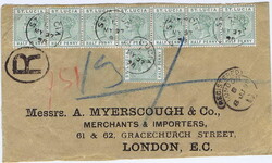 1898 cover sent registered to London with eight ½d's (strip of 5, ...